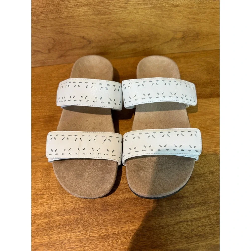 Vionic Randi White Leather Slide Sandals Orthotic Adjustable Straps Womens 8